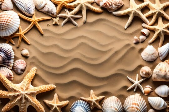 Seashells and starfish on sand picture frame