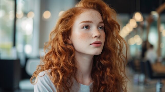 A young woman with long, curly red hair is sitting in the beauty parlor, waiting for her turn to get a haircut