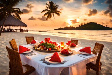 Romantic dinner setting at tropical beach on sunset