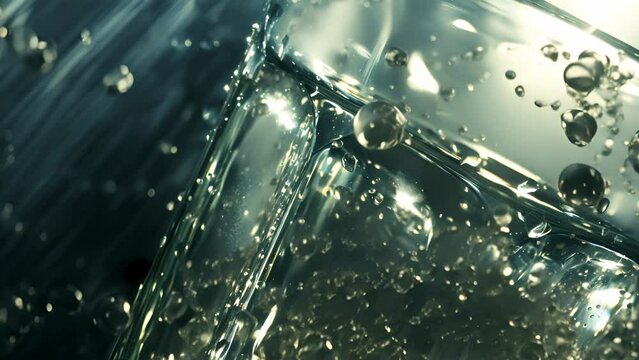 Close-up of an ice block with scattered water droplets reflecting light
