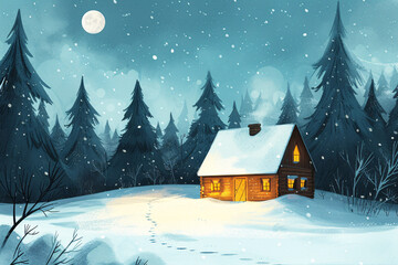 Heavy snow solar term illustration, winter snowy snow scene nature outdoor forest house scene poster illustration