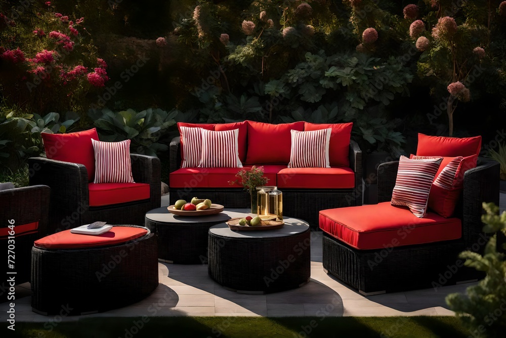 Wall mural a captivating outdoor setting featuring sleek black & red striped furniture placed artfully against 