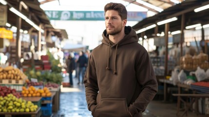 In an open-air market, a charismatic male model dons a rich chocolate brown hoodie, the earthy tones enhancing his approachable and down-to-earth demeanor, mockup