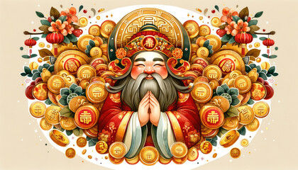 Artistic depiction of the joyful Caishen, the god of wealth, with traditional gold ingots and red lanterns, celebrating the Chinese Spring Festival.