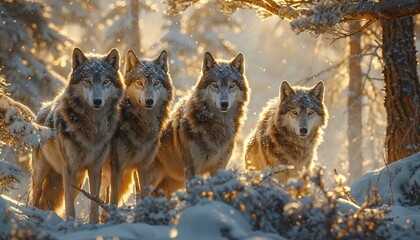 Four wolfs in the snow 