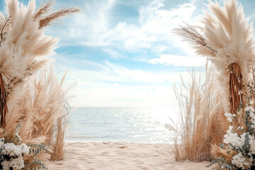 Wedding ceremony in boho rustic style. Decor for wedding ceremony on the sea.