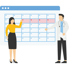 A woman makes an appointment with an online female doctor. On the calendar selects the desired date. calendar. work schedule, make an appointment online. An application to track your menstrual cycle

