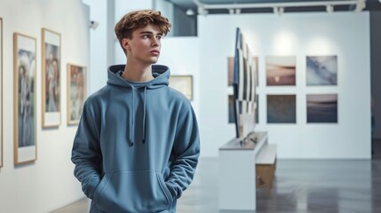 In a contemporary art gallery, a stylish male model showcases a slate blue hoodie, the modern aesthetic of the surroundings complementing the garment, mockup