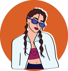 Modern abstract portrait of a young beautiful woman. Woman in sunglasses isolated on orange circle