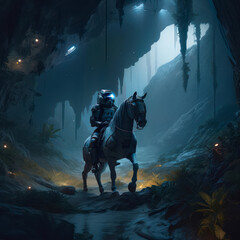 Naklejka premium Space marine rides horse through cave in rocky landscape.