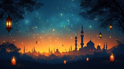 Fototapeta na wymiar Ramadan greeting card on blue background. Vector illustration. Ramadan Kareem means Ramadan is generous, generative ai,
