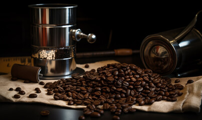 Coffee beans and coffee grinder on wooden table