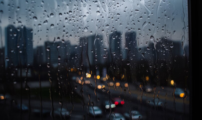 Raindrops on the window with city view