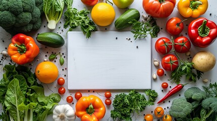 Top view with vegetables and herbs on a table with a clean white chopping board cooking background, Generative AI. - obrazy, fototapety, plakaty