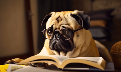 Pug dog wearing glasses and reading book