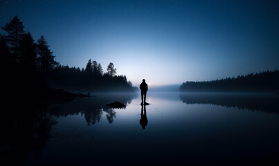 Man stands on log in the middle of lake at night - obrazy, fototapety, plakaty