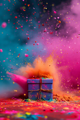 Colorful holi festival gift box in the midst of a festive explosion