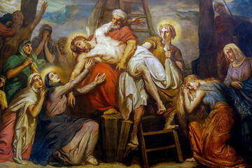 Obraz na płótnie Canvas Fresco in Saint Philippe du Roule catholic church, Paris. Descent from the cross