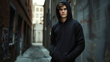 Fototapeta na wymiar In a dimly lit urban alley, a tall and brooding male model confidently poses in a plain black hoodie, the hood casting shadows over his sharp jawline, mockup