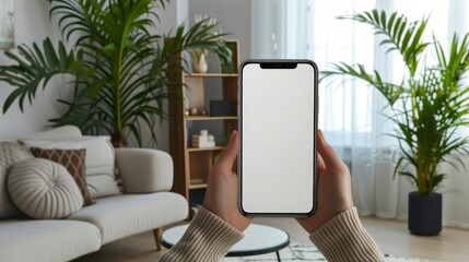 In a minimalist Scandinavian-inspired living room, a design-conscious person displays the smartphone white screen mockup, emphasizing its compatibility with modern aesthetics, mockup - obrazy, fototapety, plakaty