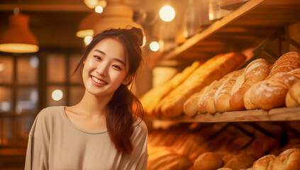 Young asian woman working in the bakery. Portrait of smiling pretty woman.