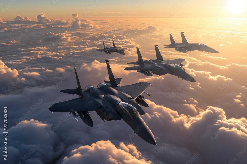 Wall mural Four fighter jets flying at sunset in sky