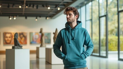 In a modern art museum, a sophisticated man showcases a deep teal hoodie, the unconventional color...