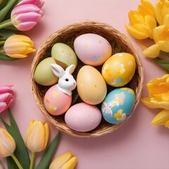 Obraz premium Easter celebration concept. Top view photo of colorful easter eggs small baskets ceramic bunnies yellow and pink tulips on isolated pastel beige background with copyspace 