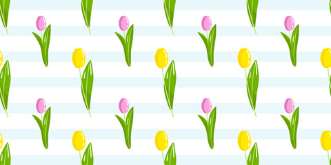 Vector spring tulips flower seamless pattern. Springtime yellow and pink tulips on blue line background. Floral wallpaper, print, textile, fabric, wrapping
