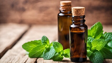 bottle with mint oil on wooden table with mint leaves - obrazy, fototapety, plakaty