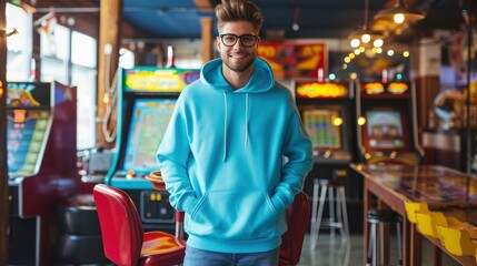 In a retro arcade, a fun-loving guy showcases a sky-blue hoodie, the playful environment...