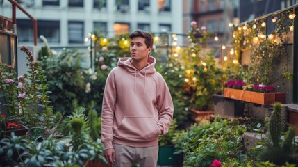 In a rooftop garden with fairy lights, a charming guy wears a muted rose hoodie, the soft color adding a touch of romance to the urban setting, mockup