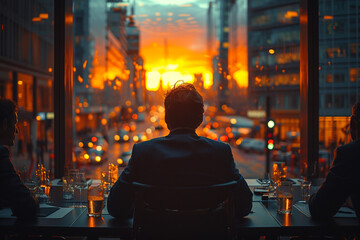 Obraz premium The businessman sits in a glass-enclosed restaurant, illuminated by sunlight, overlooking the street, buildings, car headlights, and the sunset, accompanied by friends.