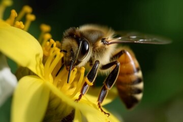 Close-up view of bee and honey in nature, showcasing an extraordinary image. Generative AI
