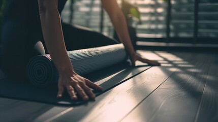Young woman rolling yoga mat after yoga with a empty space and morning sunshine, Generative AI.