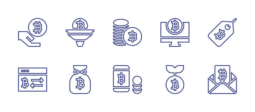 Bitcoin line icon set. Editable stroke. Vector illustration. Containing bitcoin, filter, cryptocurrency, money bag, exchange, computer, growth.
