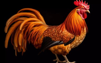 realistic photo of a beautiful orange feathered rooster. generative ai