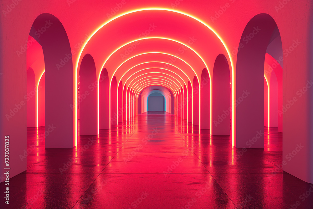 Aufkleber arched corridor with red neon lights. background image. created with generative ai technology