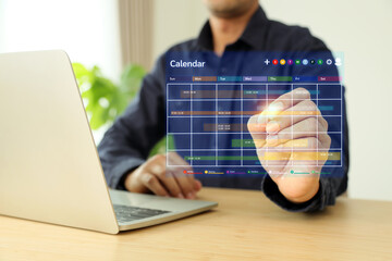 Calendar with hand marking concept of time management planner or personal remind meeting conference...