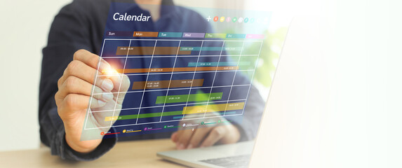 Calendar with hand marking concept of time management planner or personal remind meeting conference or business organization schedule timeline planning list in office workplace or holiday plan.