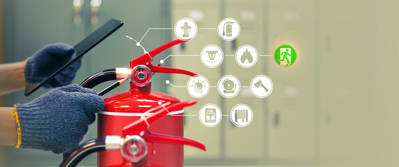 Fire extinguisher has engineer checking with fire protection icons symbol to prepare fire equipment...