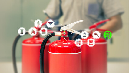 Fire extinguisher has engineer checking with fire protection icons symbol to prepare fire equipment...