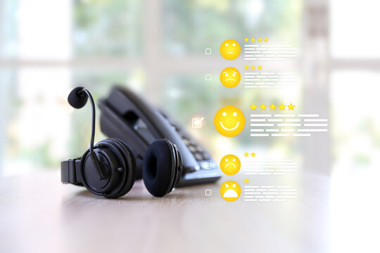 Customer services smile face icon and headphone for rating feedback satisfaction survey online business review questionnaire technology data exchanges development for service mind social media respond