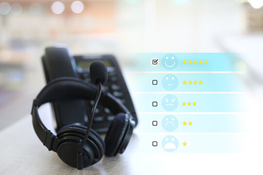 Customer services smile face icon and headphone for rating feedback satisfaction survey online business review questionnaire technology data exchanges development for service mind social media respond