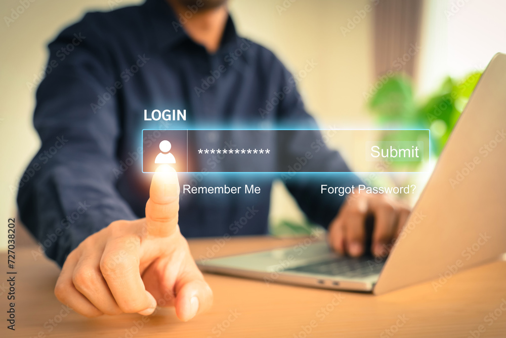 Poster businessman touch screen login username and password identity or sign up register of cyber security 