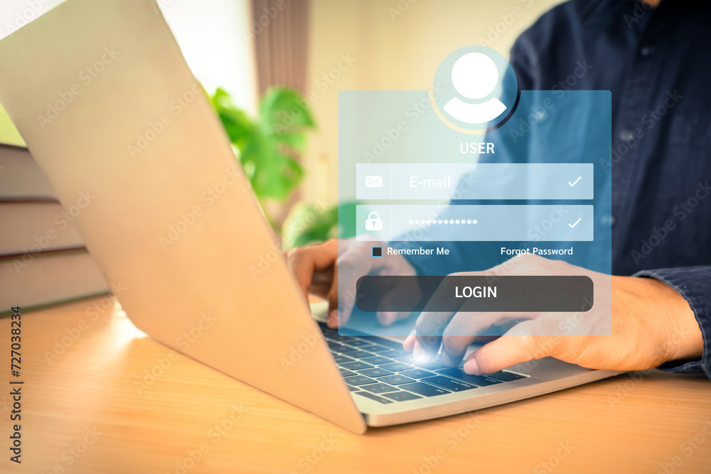Poster businessman use laptop and touch screen login username and password identity or sign up register of 