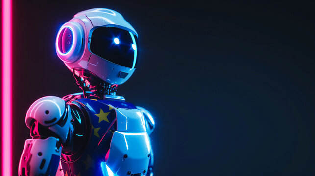 Futuristic Robot with European Union Stars Illuminated by Neon Light