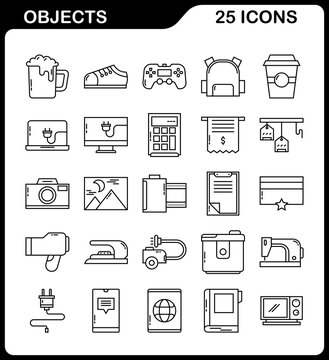 everyday objects icons in simple, line style