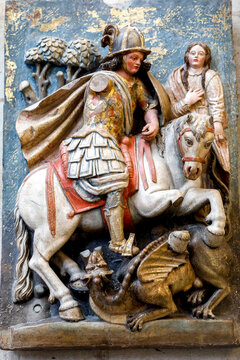 Saint Julien cathedral, Le Mans, France. Relief depicting Saint George slaying a dragon