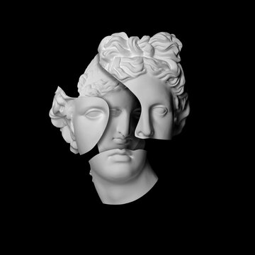 Female plaster statue heads inside broken male one over black background, contemporary collage. Antiquity and modernity, transgender and diversity concept